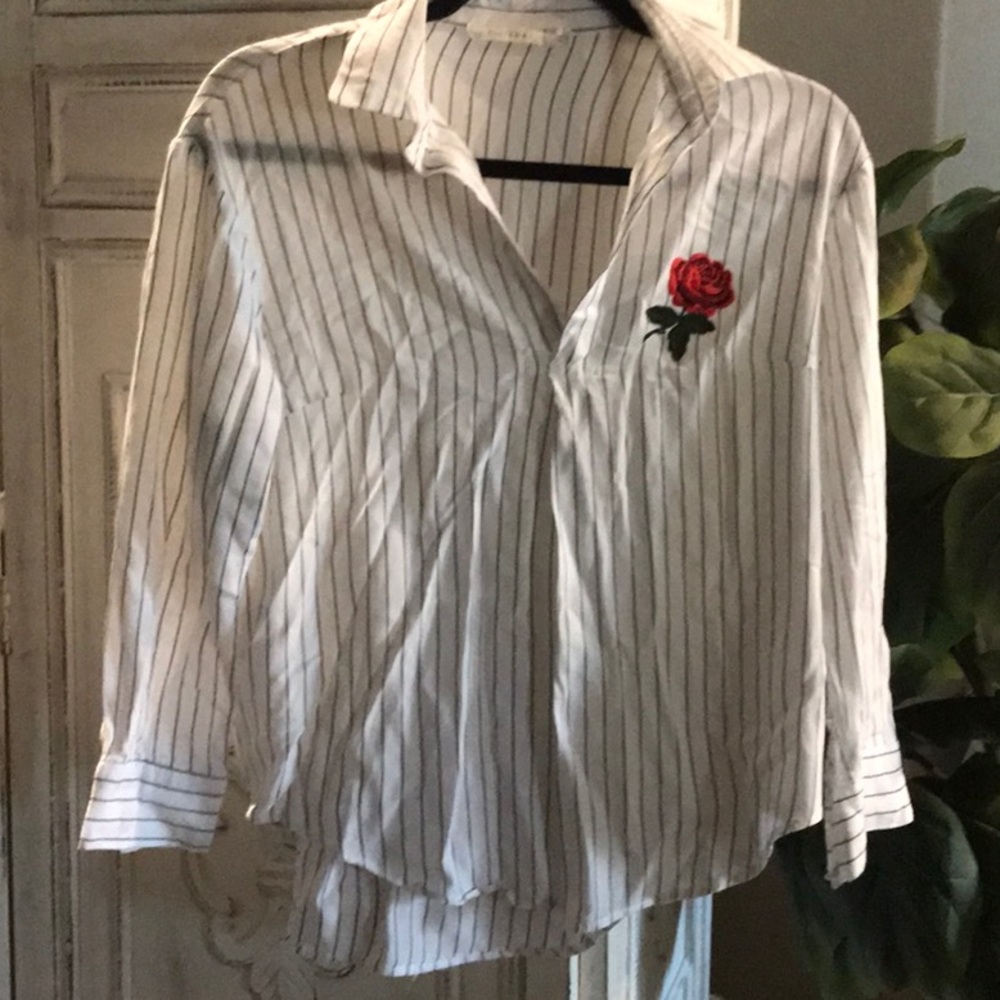 White  striped blouse with embroidery rose
